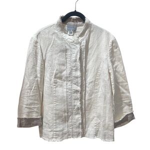 Philippe Adec Cream Linen Snap Frint Distressed Boho Jacket Size 10